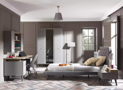 Jugendbett Schlafzimmermöbel Holzbett Komplette Bett Grau Set 5tlg